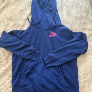 Nike Navy Hoodie with Pink Swoosh and Criss Cross Neckline - Lg